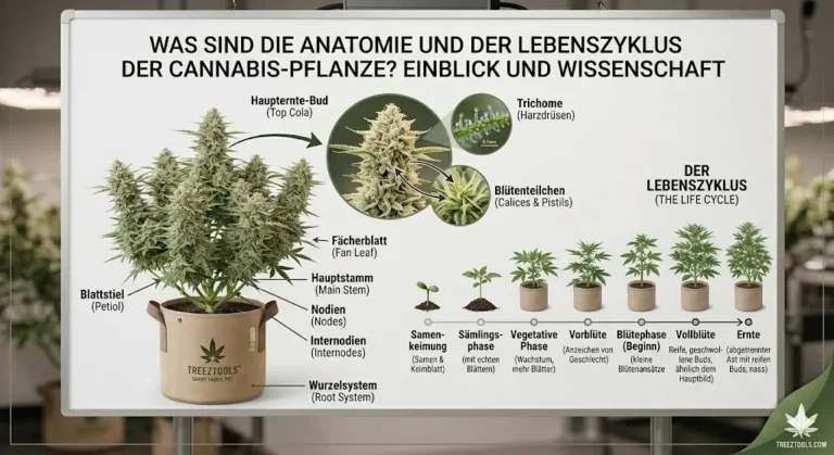 Detaillierte Darstellung der Cannabis Anatomie mit Wurzeln, Blättern und Trichomen.
