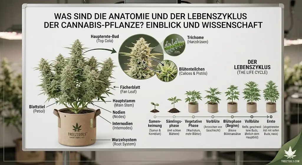 Detaillierte Darstellung der Cannabis Anatomie mit Wurzeln, Blättern und Trichomen.