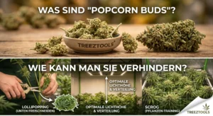 Vergleich zwischen dichten Cannabis Hauptblüten und kleinen Popcorn Buds zur Veranschaulichung der Lichtpenetration.