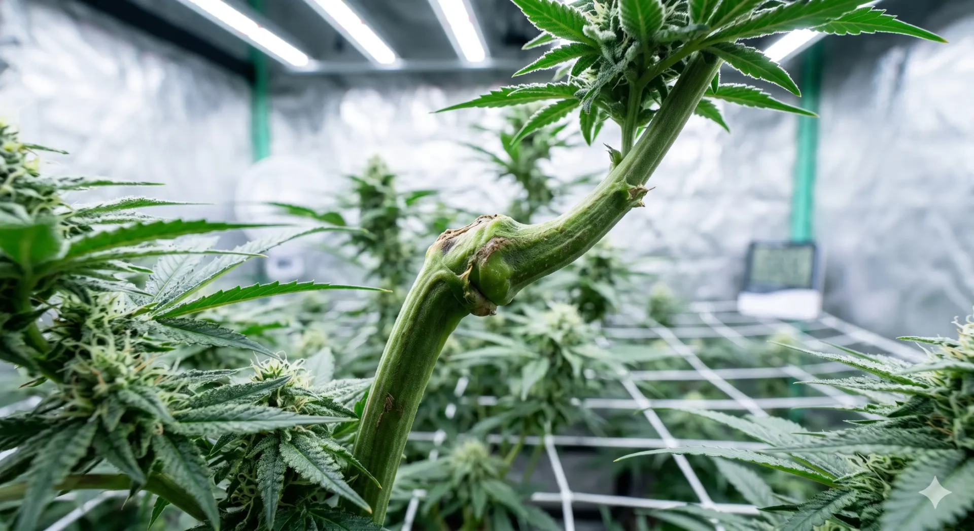 Nahaufnahme eines geheilten Kallus-Knotens an einem Cannabis-Stamm nach dem Supercropping.