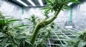 Nahaufnahme eines geheilten Kallus-Knotens an einem Cannabis-Stamm nach dem Supercropping.