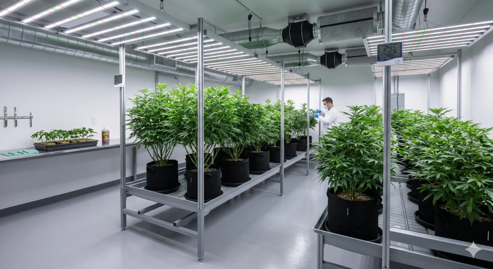 Professioneller Mutterpflanzenraum mit gesunden grünen Cannabis Mutterpflanzen in Stofftöpfen unter bläulichem LED-Wuchslicht
