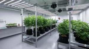 Professioneller Mutterpflanzenraum mit gesunden grünen Cannabis Mutterpflanzen in Stofftöpfen unter bläulichem LED-Wuchslicht