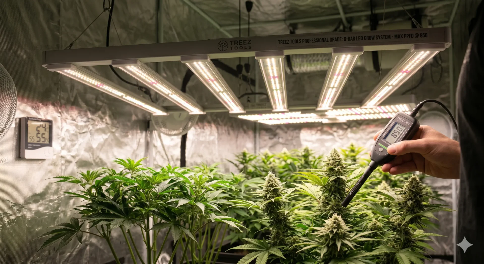 Lichtintensität auf Pflanzen unter einer LED-Pflanzenlampe im Growzelt messen