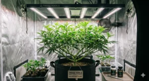 Gesunde grüne Cannabis Mutterpflanze in einem Stofftopf unter einer modernen LED-Growlampe zur Gewinnung von Stecklingen