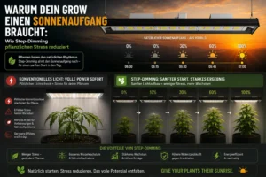 Die dimmbare Bilberry LED Grow Lampe mit drei Spektraldiagrammen für eine stressfreie Cannabis Sonnenaufgang Simulation.