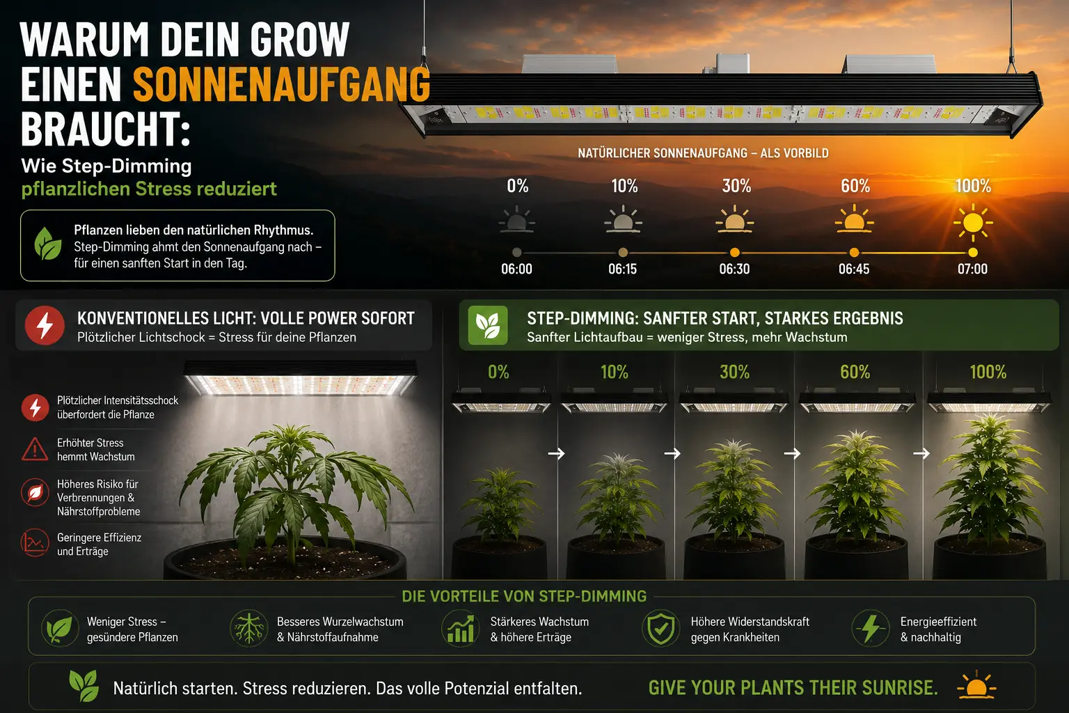 Die dimmbare Bilberry LED Grow Lampe mit drei Spektraldiagrammen für eine stressfreie Cannabis Sonnenaufgang Simulation.
