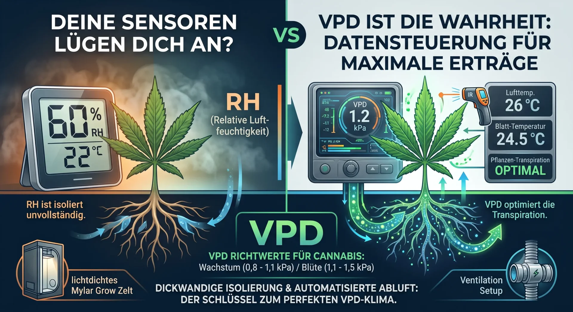 VPD vs. Relative Luftfeuchtigkeit: Warum deine Sensoren dich anlügenWer die relative Luftfeuchtigkeit (RH) in seinem Growraum akribisch auf 60 % hält und glaubt, alles sei perfekt, sitzt oft einem fatalen Irrtum auf. Die nackte Prozentzahl deines Hygrometers ist isoliert betrachtet eine unvollständige Information. Sie sagt dir zwar, wie viel Feuchtigkeit in der Luft ist, aber sie verschweigt das Wichtigste: Wie viel Feuchtigkeit deine Pflanzen tatsächlich abgeben können.Pflanzen reagieren nicht auf die relative Luftfeuchtigkeit allein. Sie reagieren auf das Vapor Pressure Deficit (VPD) – zu Deutsch: das Dampfdruckdefizit. Wenn du maximale Erträge, harzige Buds und ein perfektes Nährstoffmanagement anstrebst, musst du verstehen, warum die Temperatur der Schlüssel zum Klimaglück ist und warum herkömmliche Sensoren ohne den VPD-Kontext lügen.Was ist das Vapor Pressure Deficit (VPD)?Kurz gesagt ist das VPD die Differenz zwischen dem Druck, den die vollgesättigte Luft im Inneren des Blattes ausübt, und dem Druck der umgebenden Luft im Growzelt. Es misst die "Trocknungskraft" der Luft auf die Pflanze.Ein zu niedriges VPD (feuchte Luft/kalte Temperatur): Die Luft ist fast gesättigt. Die Pflanze kann kaum Wasser über die Blätter verdunsten (Transpiration). Der Nährstoffstrom von den Wurzeln nach oben stockt, was zu Mängeln (z. B. CalMag) führt und die Schimmelgefahr drastisch erhöht.Ein zu hohes VPD (trockene Luft/hohe Temperatur): Die Luft reißt förmlich das Wasser aus den Blättern. Die Pflanze schließt zum Schutz ihre Spaltöffnungen (Stomata), stellt das Wachstum ein und leidet unter extremen Trockenstress.Da warme Luft deutlich mehr Wasserdampf aufnehmen kann als kalte Luft, verschieben sich diese Druckverhältnisse mit jedem Grad Celsius. Ohne die Temperatur miteinzubeziehen, ist dein Feuchtigkeitssensor praktisch blind.Anbau & Eigenschaften / Grow CharacteristicsDas Verständnis des VPD verändert die Art und Weise, wie sich deine Pflanzen entwickeln, grundlegend. Je nach Lebensphase gelten völlig unterschiedliche Zielwerte:Die VPD-Richtwerte auf einen BlickLebensphaseOptimaler VPD-BereichPflanzenreaktion & FokusStecklinge / Klone0,4 kPa – 0,8 kPaMinimale Transpiration; schützt wurzellose Stecklinge vor dem Austrocknen.Vegetationsphase (Wachstum)0,8 kPa – 1,1 kPaModerater Sog; kurbelt die Nährstoffaufnahme an und sorgt für explosives Blattwachstum.Blütephase1,1 kPa – 1,5 kPaErhöhter Sog; maximiert den Stoffwechsel und schützt gleichzeitig die dichten Buds vor Schimmel.Durch die präzise Steuerung dieser kPa-Werte optimierst du die Transpiration der Pflanzen. Das sorgt dafür, dass essenzielle Elemente wie Calcium kontinuierlich in die Triebspitzen transportiert werden, ohne dass die Pflanze unter Stress gerät.Optimales Setup für die perfekte VPD-KontrolleUm das VPD-Klima nicht dem Zufall zu überlassen, benötigst du ein Setup, das äußere Einflüsse komplett isoliert und eine präzise Steuerung zulässt.1. Das Fundament: Hochwertig isolierte Mylar-ZelteEin stabiles VPD-Klima steht und fällt mit der thermischen Isolierung deines Growraums. Minderwertige Zeltwände lassen Wärme unkontrolliert entweichen, was zu rapiden Temperatursprüngen und somit zu VPD-Abstürzen führt. Premium-Grow Zelte mit lichtdichter, dicker Außenhülle und hochreflektierender Mylar-Beschichtung halten die Wärme im Inneren konstant. Sie bilden die perfekte thermische Barriere gegen kalte Kellerböden oder zugige Räume.2. Dynamische Growzelt Belüftung & LED-AbstimmungDa moderne LED Grow Lights im Vergleich zu alten NDL-Lampen kaum Strahlungswärme abgeben, bleibt die Blattoberfläche oft kühler als die Raumluft. Diesen "LED-Offset" musst du über deine Growzelt Belüftung ausgleichen. Eine automatisierte Abluftsteuerung, die Drehzahl und Luftwechsel anhand von Temperatur und Feuchtigkeit regelt, macht die VPD-Einhaltung kinderleicht. Für ein perfekt aufeinander abgestimmtes Ökosystem greifen Profis direkt zu vorkonfigurierten Grow Komplett-Sets, bei denen Zeltisolierung und Abluftkapazität mathematisch exakt matchen.Für wen ist es geeignet?Wähle die VPD-Steuerung, wenn: Du das absolute Maximum aus deiner Genetik herausholen willst, Probleme mit unerklärlichen Nährstoffblockaden hast oder unter hocheffizienten LED-Armaturen anbaust. Es ist der heilige Gral für datengetriebene Grower, die weg vom "Bauchgefühl" und hin zu reproduzierbaren Rekorderträgen wollen.Bleibe bei der klassischen RH-Steuerung, wenn: Du gerade erst deinen allerersten Grow startest und noch damit beschäftigt bist, die absoluten Basics wie das richtige Gießen zu verinnerlichen. Sobald das sitzt, sollte das VPD jedoch dein nächster Schritt sein.Tipps & Tricks (Quick Wins)Messe die Blatttemperatur, nicht nur die Luft: Das echte VPD berechnet sich aus der Temperatur des Blattes, nicht der Raumluft. Nutze ein Infrarot-Thermometer. Meistens ist das Blatt unter LEDs 1–2 °C kühler als die Luft im Zelt. Zieh diesen Offset in deiner Kalkulation ab.VPD-Anpassung bei Lichtintensität: Wenn du die Leistung deiner Lampen hochdrehst, steigt der Stoffwechsel der Pflanze. Wie genau Licht und Klima zusammenhängen, erfährst du in unserem Deep Dive über der Einfluss der Lichtintensität auf Pflanzen.Nachts das VPD im Auge behalten: Wenn das Licht ausgeht, sinkt die Temperatur rapide, wodurch die relative Luftfeuchtigkeit extrem ansteigt. Das VPD stürzt ab. Sorge dafür, dass deine Abluft nachts weiterläuft, um Schimmel in der späten Blütephase zu verhindern.Verwandte ArtikelErfahre mehr über die wissenschaftlichen Grundlagen des High-End-Anbaus in unserer Tipps & Wissen Kategorie:Der Einfluss der Lichtintensität auf Pflanzen: Der wissenschaftliche Schlüssel zu maximalem ErtragTHC-Gehalt Steigern? Licht Ist Der Game-Changer!Screen of Green (ScrOG) Methode: Maximale Cannabis-Erträge auf kleiner FlächeFAQ: Häufig gestellte FragenWarum ist das VPD unter LED-Lampen wichtiger als unter NDL?NDL-Lampen strahlen viel Infrarotwärme ab, welche die Blätter direkt aufheizt. Dadurch liegt die Blatttemperatur oft über der Lufttemperatur. LEDs hingegen strahlen kaum direkte Wärme ab. Das Blatt bleibt kühler, was die Transpiration verlangsamt. Wer unter LED anbaut, muss die Raumtemperatur meist künstlich erhöhen (auf ca. 26–28 °C), um ein gesundes VPD zu erreichen.Kann ein perfektes VPD Schimmel komplett verhindern?Ein optimales VPD in der Blütephase (1,2–1,5 kPa) minimiert das Schimmelrisiko massiv, da es verhindert, dass Feuchtigkeit auf den Buds kondensiert. Dennoch ist es keine absolute Garantie, wenn die Umluft im Zelt unzureichend ist oder stehende Lufttaschen entstehen. Umluftventilatoren sind trotz gutem VPD Pflicht.Mein VPD-Wert ist zu hoch, was kann ich tun?Ein zu hohes VPD bedeutet, dass die Luft zu trocken oder zu heiß ist. Du kannst entweder die Temperatur senken (z. B. durch Herunterdimmen der LED), die relative Luftfeuchtigkeit durch einen Luftbefeuchter erhöhen oder die Leistung deiner Abluft drosseln, damit sich mehr Feuchtigkeit im Zelt sammelt.