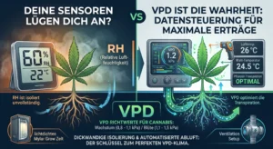 VPD vs. Relative Luftfeuchtigkeit: Warum deine Sensoren dich anlügenWer die relative Luftfeuchtigkeit (RH) in seinem Growraum akribisch auf 60 % hält und glaubt, alles sei perfekt, sitzt oft einem fatalen Irrtum auf. Die nackte Prozentzahl deines Hygrometers ist isoliert betrachtet eine unvollständige Information. Sie sagt dir zwar, wie viel Feuchtigkeit in der Luft ist, aber sie verschweigt das Wichtigste: Wie viel Feuchtigkeit deine Pflanzen tatsächlich abgeben können.Pflanzen reagieren nicht auf die relative Luftfeuchtigkeit allein. Sie reagieren auf das Vapor Pressure Deficit (VPD) – zu Deutsch: das Dampfdruckdefizit. Wenn du maximale Erträge, harzige Buds und ein perfektes Nährstoffmanagement anstrebst, musst du verstehen, warum die Temperatur der Schlüssel zum Klimaglück ist und warum herkömmliche Sensoren ohne den VPD-Kontext lügen.Was ist das Vapor Pressure Deficit (VPD)?Kurz gesagt ist das VPD die Differenz zwischen dem Druck, den die vollgesättigte Luft im Inneren des Blattes ausübt, und dem Druck der umgebenden Luft im Growzelt. Es misst die "Trocknungskraft" der Luft auf die Pflanze.Ein zu niedriges VPD (feuchte Luft/kalte Temperatur): Die Luft ist fast gesättigt. Die Pflanze kann kaum Wasser über die Blätter verdunsten (Transpiration). Der Nährstoffstrom von den Wurzeln nach oben stockt, was zu Mängeln (z. B. CalMag) führt und die Schimmelgefahr drastisch erhöht.Ein zu hohes VPD (trockene Luft/hohe Temperatur): Die Luft reißt förmlich das Wasser aus den Blättern. Die Pflanze schließt zum Schutz ihre Spaltöffnungen (Stomata), stellt das Wachstum ein und leidet unter extremen Trockenstress.Da warme Luft deutlich mehr Wasserdampf aufnehmen kann als kalte Luft, verschieben sich diese Druckverhältnisse mit jedem Grad Celsius. Ohne die Temperatur miteinzubeziehen, ist dein Feuchtigkeitssensor praktisch blind.Anbau & Eigenschaften / Grow CharacteristicsDas Verständnis des VPD verändert die Art und Weise, wie sich deine Pflanzen entwickeln, grundlegend. Je nach Lebensphase gelten völlig unterschiedliche Zielwerte:Die VPD-Richtwerte auf einen BlickLebensphaseOptimaler VPD-BereichPflanzenreaktion & FokusStecklinge / Klone0,4 kPa – 0,8 kPaMinimale Transpiration; schützt wurzellose Stecklinge vor dem Austrocknen.Vegetationsphase (Wachstum)0,8 kPa – 1,1 kPaModerater Sog; kurbelt die Nährstoffaufnahme an und sorgt für explosives Blattwachstum.Blütephase1,1 kPa – 1,5 kPaErhöhter Sog; maximiert den Stoffwechsel und schützt gleichzeitig die dichten Buds vor Schimmel.Durch die präzise Steuerung dieser kPa-Werte optimierst du die Transpiration der Pflanzen. Das sorgt dafür, dass essenzielle Elemente wie Calcium kontinuierlich in die Triebspitzen transportiert werden, ohne dass die Pflanze unter Stress gerät.Optimales Setup für die perfekte VPD-KontrolleUm das VPD-Klima nicht dem Zufall zu überlassen, benötigst du ein Setup, das äußere Einflüsse komplett isoliert und eine präzise Steuerung zulässt.1. Das Fundament: Hochwertig isolierte Mylar-ZelteEin stabiles VPD-Klima steht und fällt mit der thermischen Isolierung deines Growraums. Minderwertige Zeltwände lassen Wärme unkontrolliert entweichen, was zu rapiden Temperatursprüngen und somit zu VPD-Abstürzen führt. Premium-Grow Zelte mit lichtdichter, dicker Außenhülle und hochreflektierender Mylar-Beschichtung halten die Wärme im Inneren konstant. Sie bilden die perfekte thermische Barriere gegen kalte Kellerböden oder zugige Räume.2. Dynamische Growzelt Belüftung & LED-AbstimmungDa moderne LED Grow Lights im Vergleich zu alten NDL-Lampen kaum Strahlungswärme abgeben, bleibt die Blattoberfläche oft kühler als die Raumluft. Diesen "LED-Offset" musst du über deine Growzelt Belüftung ausgleichen. Eine automatisierte Abluftsteuerung, die Drehzahl und Luftwechsel anhand von Temperatur und Feuchtigkeit regelt, macht die VPD-Einhaltung kinderleicht. Für ein perfekt aufeinander abgestimmtes Ökosystem greifen Profis direkt zu vorkonfigurierten Grow Komplett-Sets, bei denen Zeltisolierung und Abluftkapazität mathematisch exakt matchen.Für wen ist es geeignet?Wähle die VPD-Steuerung, wenn: Du das absolute Maximum aus deiner Genetik herausholen willst, Probleme mit unerklärlichen Nährstoffblockaden hast oder unter hocheffizienten LED-Armaturen anbaust. Es ist der heilige Gral für datengetriebene Grower, die weg vom "Bauchgefühl" und hin zu reproduzierbaren Rekorderträgen wollen.Bleibe bei der klassischen RH-Steuerung, wenn: Du gerade erst deinen allerersten Grow startest und noch damit beschäftigt bist, die absoluten Basics wie das richtige Gießen zu verinnerlichen. Sobald das sitzt, sollte das VPD jedoch dein nächster Schritt sein.Tipps & Tricks (Quick Wins)Messe die Blatttemperatur, nicht nur die Luft: Das echte VPD berechnet sich aus der Temperatur des Blattes, nicht der Raumluft. Nutze ein Infrarot-Thermometer. Meistens ist das Blatt unter LEDs 1–2 °C kühler als die Luft im Zelt. Zieh diesen Offset in deiner Kalkulation ab.VPD-Anpassung bei Lichtintensität: Wenn du die Leistung deiner Lampen hochdrehst, steigt der Stoffwechsel der Pflanze. Wie genau Licht und Klima zusammenhängen, erfährst du in unserem Deep Dive über der Einfluss der Lichtintensität auf Pflanzen.Nachts das VPD im Auge behalten: Wenn das Licht ausgeht, sinkt die Temperatur rapide, wodurch die relative Luftfeuchtigkeit extrem ansteigt. Das VPD stürzt ab. Sorge dafür, dass deine Abluft nachts weiterläuft, um Schimmel in der späten Blütephase zu verhindern.Verwandte ArtikelErfahre mehr über die wissenschaftlichen Grundlagen des High-End-Anbaus in unserer Tipps & Wissen Kategorie:Der Einfluss der Lichtintensität auf Pflanzen: Der wissenschaftliche Schlüssel zu maximalem ErtragTHC-Gehalt Steigern? Licht Ist Der Game-Changer!Screen of Green (ScrOG) Methode: Maximale Cannabis-Erträge auf kleiner FlächeFAQ: Häufig gestellte FragenWarum ist das VPD unter LED-Lampen wichtiger als unter NDL?NDL-Lampen strahlen viel Infrarotwärme ab, welche die Blätter direkt aufheizt. Dadurch liegt die Blatttemperatur oft über der Lufttemperatur. LEDs hingegen strahlen kaum direkte Wärme ab. Das Blatt bleibt kühler, was die Transpiration verlangsamt. Wer unter LED anbaut, muss die Raumtemperatur meist künstlich erhöhen (auf ca. 26–28 °C), um ein gesundes VPD zu erreichen.Kann ein perfektes VPD Schimmel komplett verhindern?Ein optimales VPD in der Blütephase (1,2–1,5 kPa) minimiert das Schimmelrisiko massiv, da es verhindert, dass Feuchtigkeit auf den Buds kondensiert. Dennoch ist es keine absolute Garantie, wenn die Umluft im Zelt unzureichend ist oder stehende Lufttaschen entstehen. Umluftventilatoren sind trotz gutem VPD Pflicht.Mein VPD-Wert ist zu hoch, was kann ich tun?Ein zu hohes VPD bedeutet, dass die Luft zu trocken oder zu heiß ist. Du kannst entweder die Temperatur senken (z. B. durch Herunterdimmen der LED), die relative Luftfeuchtigkeit durch einen Luftbefeuchter erhöhen oder die Leistung deiner Abluft drosseln, damit sich mehr Feuchtigkeit im Zelt sammelt.