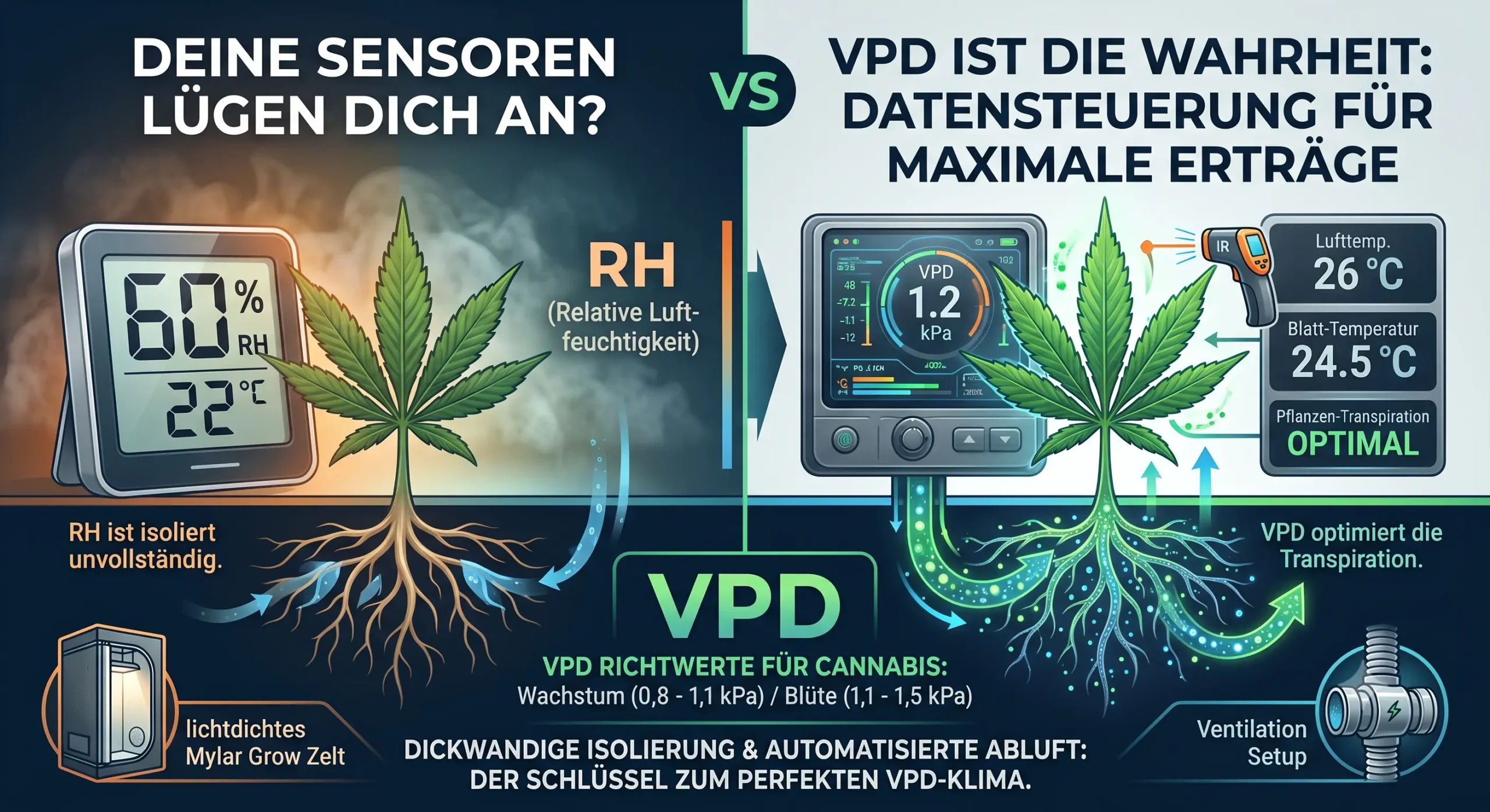 VPD vs. Relative Luftfeuchtigkeit: Warum deine Sensoren dich anlügenWer die relative Luftfeuchtigkeit (RH) in seinem Growraum akribisch auf 60 % hält und glaubt, alles sei perfekt, sitzt oft einem fatalen Irrtum auf. Die nackte Prozentzahl deines Hygrometers ist isoliert betrachtet eine unvollständige Information. Sie sagt dir zwar, wie viel Feuchtigkeit in der Luft ist, aber sie verschweigt das Wichtigste: Wie viel Feuchtigkeit deine Pflanzen tatsächlich abgeben können.Pflanzen reagieren nicht auf die relative Luftfeuchtigkeit allein. Sie reagieren auf das Vapor Pressure Deficit (VPD) – zu Deutsch: das Dampfdruckdefizit. Wenn du maximale Erträge, harzige Buds und ein perfektes Nährstoffmanagement anstrebst, musst du verstehen, warum die Temperatur der Schlüssel zum Klimaglück ist und warum herkömmliche Sensoren ohne den VPD-Kontext lügen.Was ist das Vapor Pressure Deficit (VPD)?Kurz gesagt ist das VPD die Differenz zwischen dem Druck, den die vollgesättigte Luft im Inneren des Blattes ausübt, und dem Druck der umgebenden Luft im Growzelt. Es misst die "Trocknungskraft" der Luft auf die Pflanze.Ein zu niedriges VPD (feuchte Luft/kalte Temperatur): Die Luft ist fast gesättigt. Die Pflanze kann kaum Wasser über die Blätter verdunsten (Transpiration). Der Nährstoffstrom von den Wurzeln nach oben stockt, was zu Mängeln (z. B. CalMag) führt und die Schimmelgefahr drastisch erhöht.Ein zu hohes VPD (trockene Luft/hohe Temperatur): Die Luft reißt förmlich das Wasser aus den Blättern. Die Pflanze schließt zum Schutz ihre Spaltöffnungen (Stomata), stellt das Wachstum ein und leidet unter extremen Trockenstress.Da warme Luft deutlich mehr Wasserdampf aufnehmen kann als kalte Luft, verschieben sich diese Druckverhältnisse mit jedem Grad Celsius. Ohne die Temperatur miteinzubeziehen, ist dein Feuchtigkeitssensor praktisch blind.Anbau & Eigenschaften / Grow CharacteristicsDas Verständnis des VPD verändert die Art und Weise, wie sich deine Pflanzen entwickeln, grundlegend. Je nach Lebensphase gelten völlig unterschiedliche Zielwerte:Die VPD-Richtwerte auf einen BlickLebensphaseOptimaler VPD-BereichPflanzenreaktion & FokusStecklinge / Klone0,4 kPa – 0,8 kPaMinimale Transpiration; schützt wurzellose Stecklinge vor dem Austrocknen.Vegetationsphase (Wachstum)0,8 kPa – 1,1 kPaModerater Sog; kurbelt die Nährstoffaufnahme an und sorgt für explosives Blattwachstum.Blütephase1,1 kPa – 1,5 kPaErhöhter Sog; maximiert den Stoffwechsel und schützt gleichzeitig die dichten Buds vor Schimmel.Durch die präzise Steuerung dieser kPa-Werte optimierst du die Transpiration der Pflanzen. Das sorgt dafür, dass essenzielle Elemente wie Calcium kontinuierlich in die Triebspitzen transportiert werden, ohne dass die Pflanze unter Stress gerät.Optimales Setup für die perfekte VPD-KontrolleUm das VPD-Klima nicht dem Zufall zu überlassen, benötigst du ein Setup, das äußere Einflüsse komplett isoliert und eine präzise Steuerung zulässt.1. Das Fundament: Hochwertig isolierte Mylar-ZelteEin stabiles VPD-Klima steht und fällt mit der thermischen Isolierung deines Growraums. Minderwertige Zeltwände lassen Wärme unkontrolliert entweichen, was zu rapiden Temperatursprüngen und somit zu VPD-Abstürzen führt. Premium-Grow Zelte mit lichtdichter, dicker Außenhülle und hochreflektierender Mylar-Beschichtung halten die Wärme im Inneren konstant. Sie bilden die perfekte thermische Barriere gegen kalte Kellerböden oder zugige Räume.2. Dynamische Growzelt Belüftung & LED-AbstimmungDa moderne LED Grow Lights im Vergleich zu alten NDL-Lampen kaum Strahlungswärme abgeben, bleibt die Blattoberfläche oft kühler als die Raumluft. Diesen "LED-Offset" musst du über deine Growzelt Belüftung ausgleichen. Eine automatisierte Abluftsteuerung, die Drehzahl und Luftwechsel anhand von Temperatur und Feuchtigkeit regelt, macht die VPD-Einhaltung kinderleicht. Für ein perfekt aufeinander abgestimmtes Ökosystem greifen Profis direkt zu vorkonfigurierten Grow Komplett-Sets, bei denen Zeltisolierung und Abluftkapazität mathematisch exakt matchen.Für wen ist es geeignet?Wähle die VPD-Steuerung, wenn: Du das absolute Maximum aus deiner Genetik herausholen willst, Probleme mit unerklärlichen Nährstoffblockaden hast oder unter hocheffizienten LED-Armaturen anbaust. Es ist der heilige Gral für datengetriebene Grower, die weg vom "Bauchgefühl" und hin zu reproduzierbaren Rekorderträgen wollen.Bleibe bei der klassischen RH-Steuerung, wenn: Du gerade erst deinen allerersten Grow startest und noch damit beschäftigt bist, die absoluten Basics wie das richtige Gießen zu verinnerlichen. Sobald das sitzt, sollte das VPD jedoch dein nächster Schritt sein.Tipps & Tricks (Quick Wins)Messe die Blatttemperatur, nicht nur die Luft: Das echte VPD berechnet sich aus der Temperatur des Blattes, nicht der Raumluft. Nutze ein Infrarot-Thermometer. Meistens ist das Blatt unter LEDs 1–2 °C kühler als die Luft im Zelt. Zieh diesen Offset in deiner Kalkulation ab.VPD-Anpassung bei Lichtintensität: Wenn du die Leistung deiner Lampen hochdrehst, steigt der Stoffwechsel der Pflanze. Wie genau Licht und Klima zusammenhängen, erfährst du in unserem Deep Dive über der Einfluss der Lichtintensität auf Pflanzen.Nachts das VPD im Auge behalten: Wenn das Licht ausgeht, sinkt die Temperatur rapide, wodurch die relative Luftfeuchtigkeit extrem ansteigt. Das VPD stürzt ab. Sorge dafür, dass deine Abluft nachts weiterläuft, um Schimmel in der späten Blütephase zu verhindern.Verwandte ArtikelErfahre mehr über die wissenschaftlichen Grundlagen des High-End-Anbaus in unserer Tipps & Wissen Kategorie:Der Einfluss der Lichtintensität auf Pflanzen: Der wissenschaftliche Schlüssel zu maximalem ErtragTHC-Gehalt Steigern? Licht Ist Der Game-Changer!Screen of Green (ScrOG) Methode: Maximale Cannabis-Erträge auf kleiner FlächeFAQ: Häufig gestellte FragenWarum ist das VPD unter LED-Lampen wichtiger als unter NDL?NDL-Lampen strahlen viel Infrarotwärme ab, welche die Blätter direkt aufheizt. Dadurch liegt die Blatttemperatur oft über der Lufttemperatur. LEDs hingegen strahlen kaum direkte Wärme ab. Das Blatt bleibt kühler, was die Transpiration verlangsamt. Wer unter LED anbaut, muss die Raumtemperatur meist künstlich erhöhen (auf ca. 26–28 °C), um ein gesundes VPD zu erreichen.Kann ein perfektes VPD Schimmel komplett verhindern?Ein optimales VPD in der Blütephase (1,2–1,5 kPa) minimiert das Schimmelrisiko massiv, da es verhindert, dass Feuchtigkeit auf den Buds kondensiert. Dennoch ist es keine absolute Garantie, wenn die Umluft im Zelt unzureichend ist oder stehende Lufttaschen entstehen. Umluftventilatoren sind trotz gutem VPD Pflicht.Mein VPD-Wert ist zu hoch, was kann ich tun?Ein zu hohes VPD bedeutet, dass die Luft zu trocken oder zu heiß ist. Du kannst entweder die Temperatur senken (z. B. durch Herunterdimmen der LED), die relative Luftfeuchtigkeit durch einen Luftbefeuchter erhöhen oder die Leistung deiner Abluft drosseln, damit sich mehr Feuchtigkeit im Zelt sammelt.