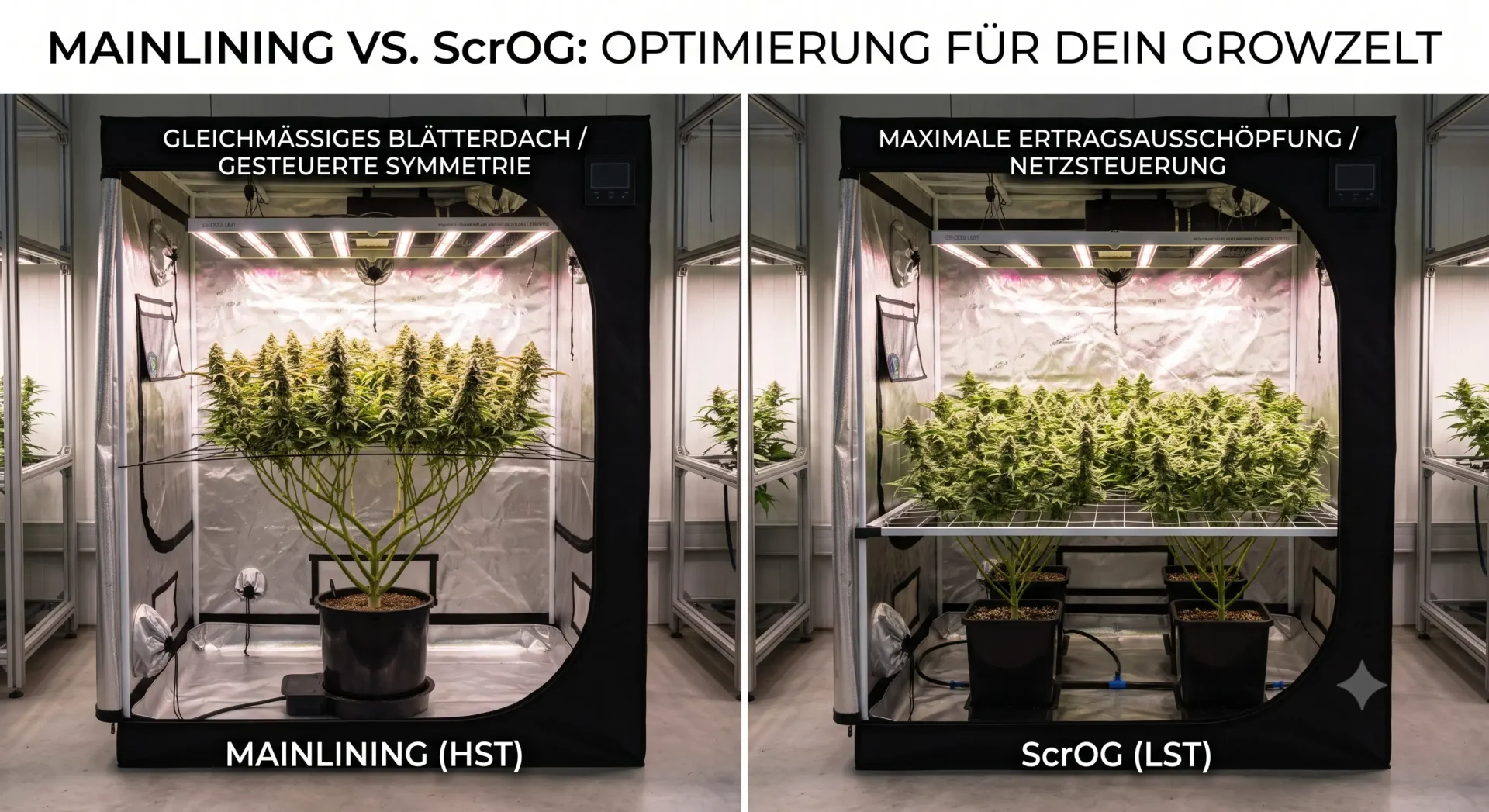 Visueller Vergleich von Mainlining und ScrOG Pflanzentraining-Techniken in einem modernen Growzelt unter LED Grow Lights.