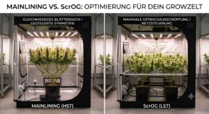Visueller Vergleich von Mainlining und ScrOG Pflanzentraining-Techniken in einem modernen Growzelt unter LED Grow Lights.