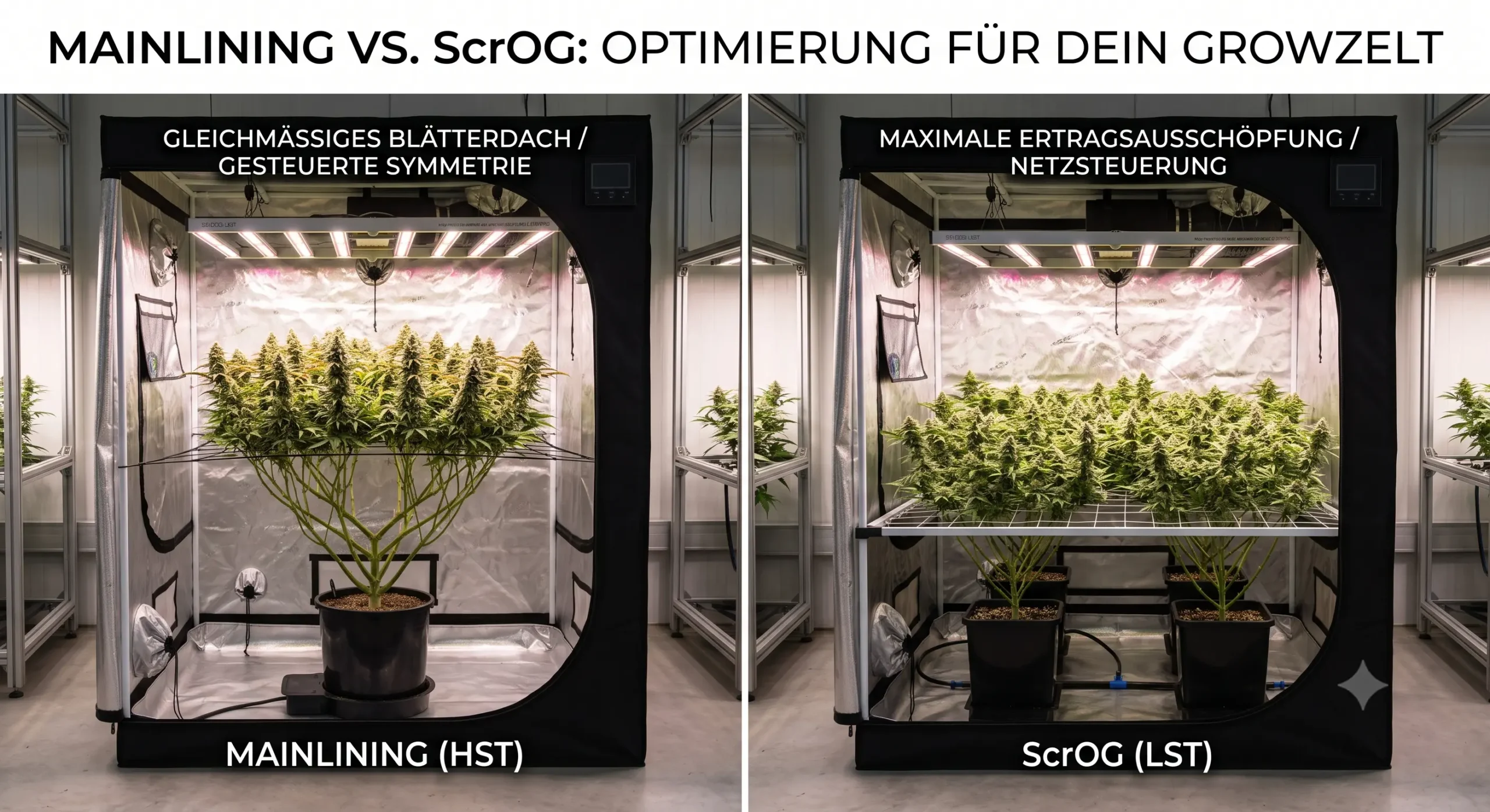 Visueller Vergleich von Mainlining und ScrOG Pflanzentraining-Techniken in einem modernen Growzelt unter LED Grow Lights.